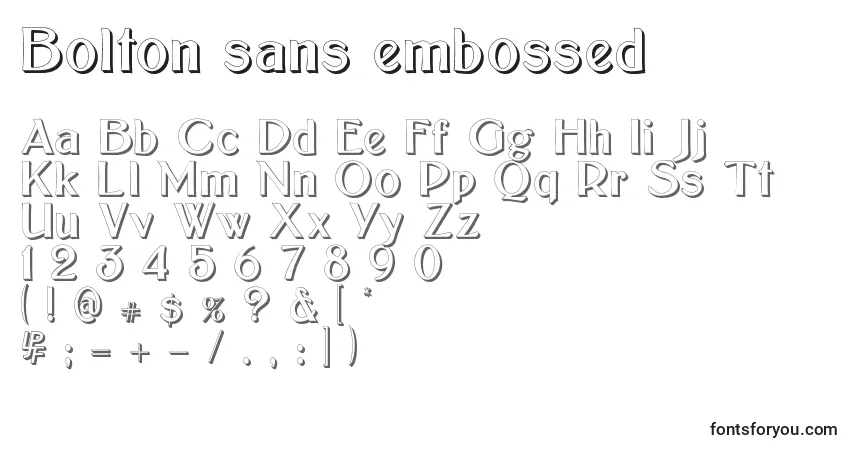Czcionka Bolton sans embossed – alfabet, cyfry, specjalne znaki