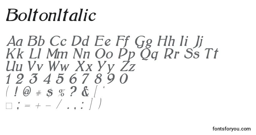 Czcionka BoltonItalic (121812) – alfabet, cyfry, specjalne znaki