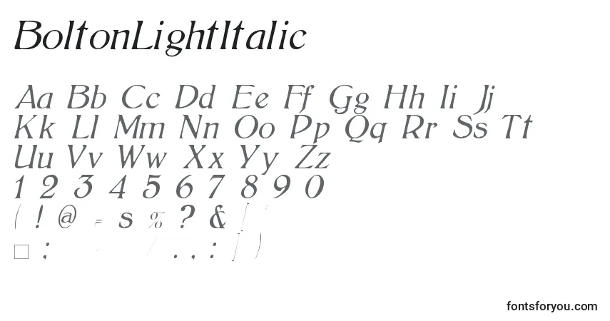 A fonte BoltonLightItalic (121815) – alfabeto, números, caracteres especiais