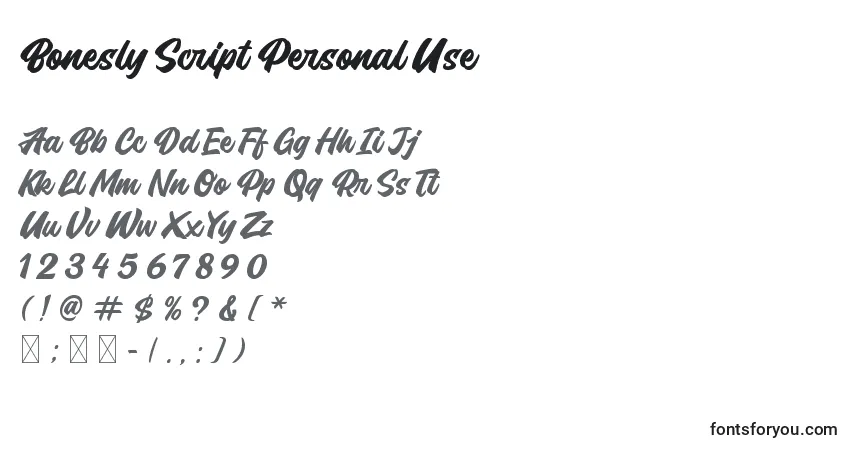 A fonte Bonesly Script Personal Use – alfabeto, números, caracteres especiais