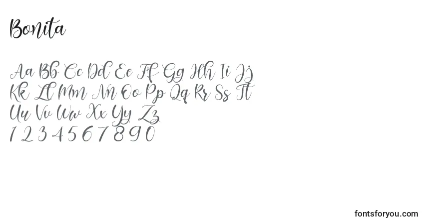 Czcionka Bonita – alfabet, cyfry, specjalne znaki
