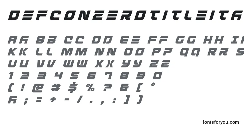 Czcionka Defconzerotitleital – alfabet, cyfry, specjalne znaki