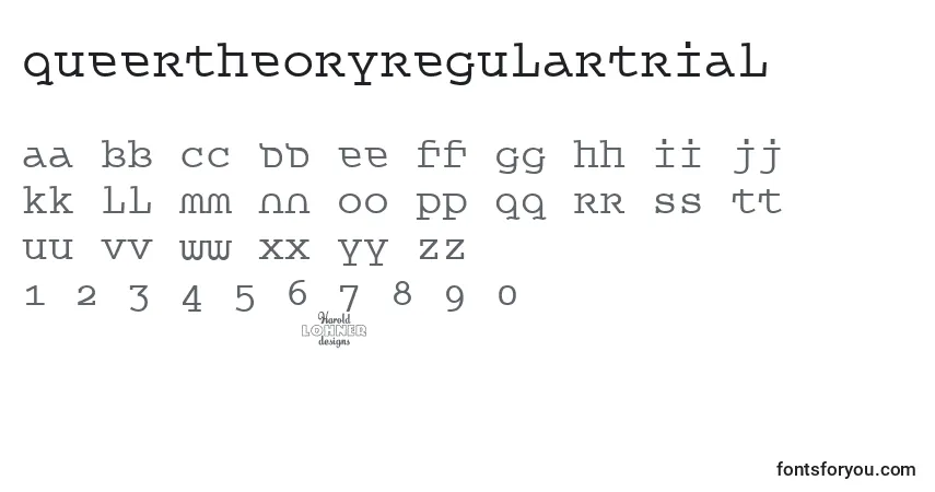 Czcionka QueerTheoryRegulartrial – alfabet, cyfry, specjalne znaki