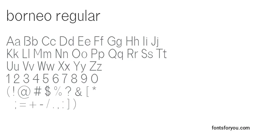 Schriftart Borneo regular (121923) – Alphabet, Zahlen, spezielle Symbole
