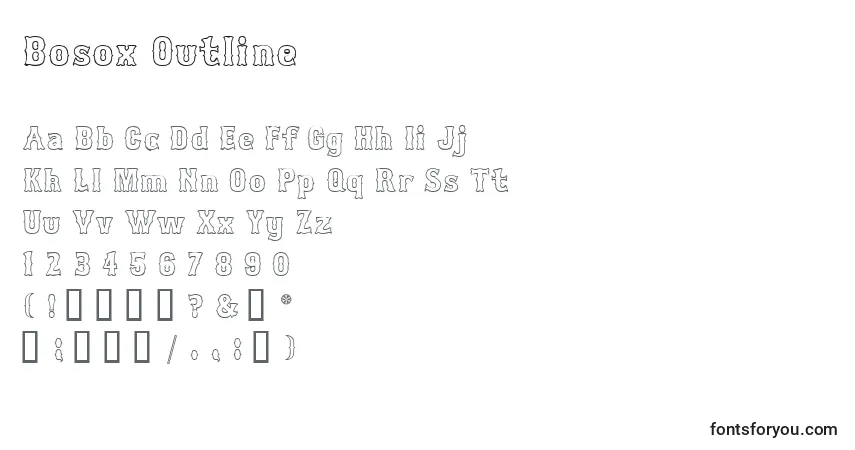 Czcionka Bosox Outline – alfabet, cyfry, specjalne znaki