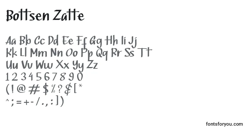 Czcionka Bottsen Zatte – alfabet, cyfry, specjalne znaki