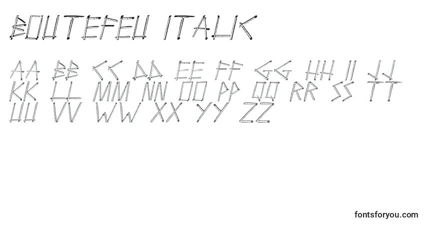 Czcionka Boutefeu Italic – alfabet, cyfry, specjalne znaki