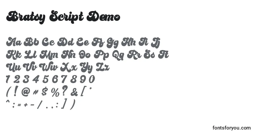 A fonte Bratsy Script Demo (122026) – alfabeto, números, caracteres especiais