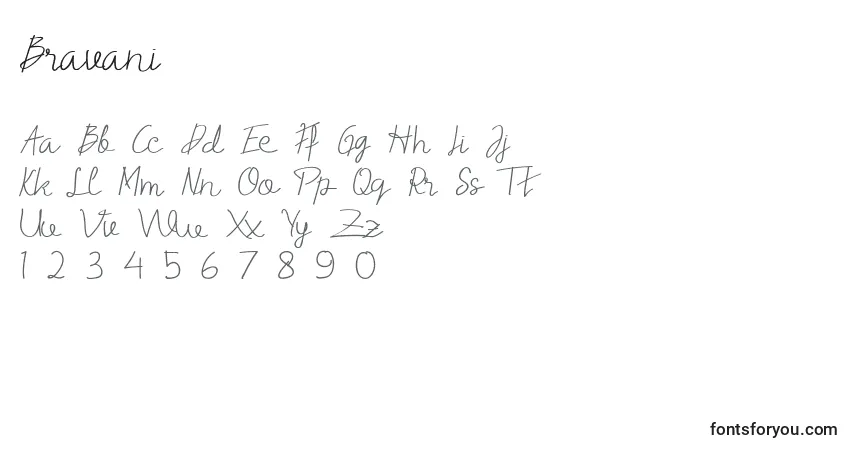 A fonte Bravani – alfabeto, números, caracteres especiais