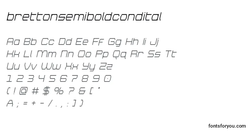 Шрифт Brettonsemiboldcondital – алфавит, цифры, специальные символы