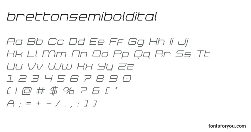 Шрифт Brettonsemiboldital – алфавит, цифры, специальные символы