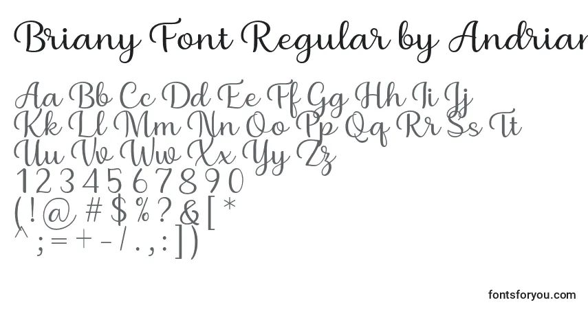 A fonte Briany Font Regular by Andrian 7NTypes – alfabeto, números, caracteres especiais