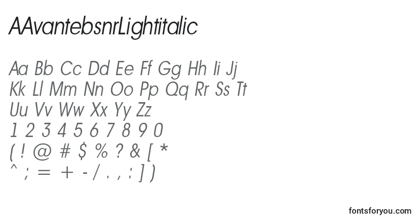 A fonte AAvantebsnrLightitalic – alfabeto, números, caracteres especiais
