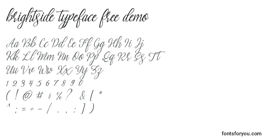 Czcionka Brightside typeface free demo – alfabet, cyfry, specjalne znaki