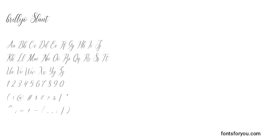 Schriftart Brillyo Slant (122162) – Alphabet, Zahlen, spezielle Symbole