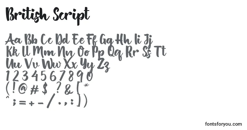 Schriftart British Script – Alphabet, Zahlen, spezielle Symbole