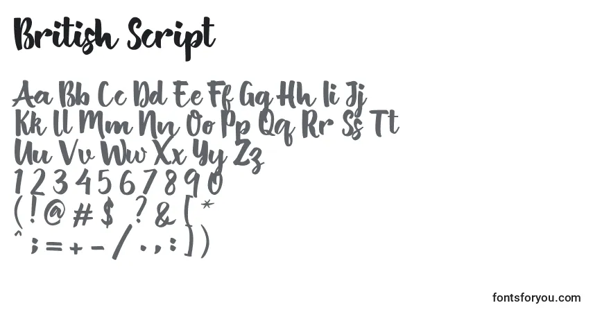 A fonte British Script (122185) – alfabeto, números, caracteres especiais