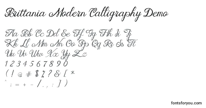 A fonte Brittania Modern Calligraphy Demo – alfabeto, números, caracteres especiais