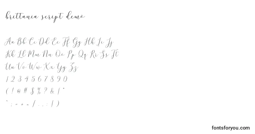 Schriftart Brittania script demo – Alphabet, Zahlen, spezielle Symbole