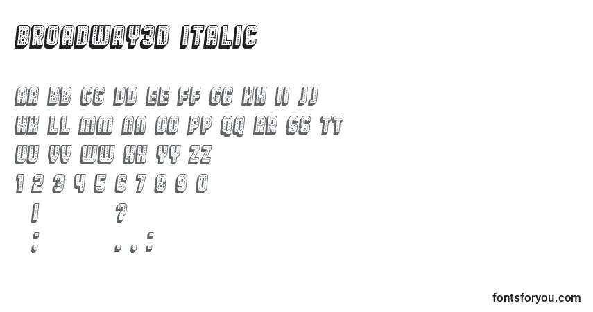 Schriftart Broadway3D Italic – Alphabet, Zahlen, spezielle Symbole