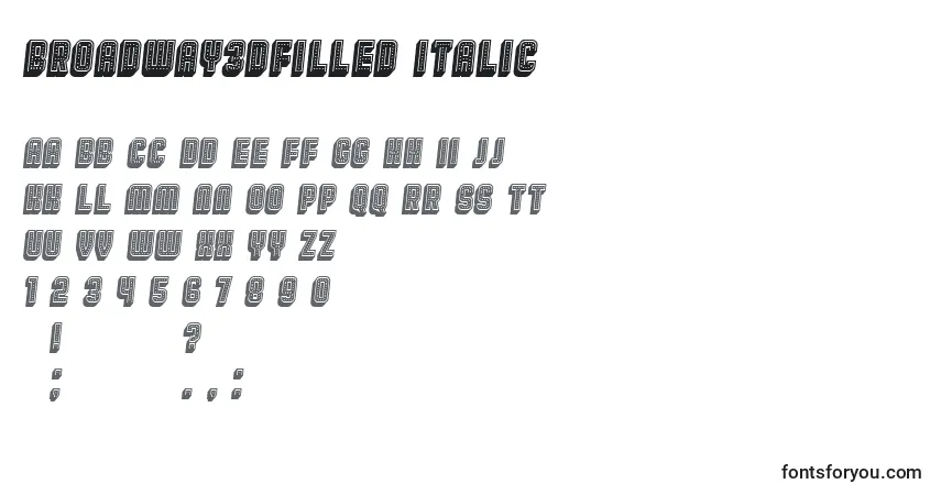 Schriftart Broadway3DFilled Italic – Alphabet, Zahlen, spezielle Symbole