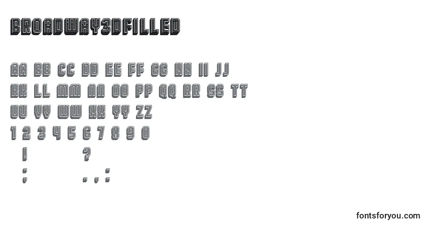 Czcionka Broadway3DFilled – alfabet, cyfry, specjalne znaki