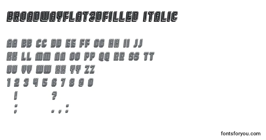 Schriftart BroadwayFlat3DFilled Italic – Alphabet, Zahlen, spezielle Symbole