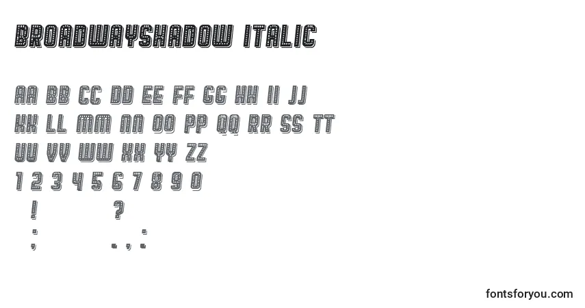 A fonte BroadwayShadow Italic – alfabeto, números, caracteres especiais