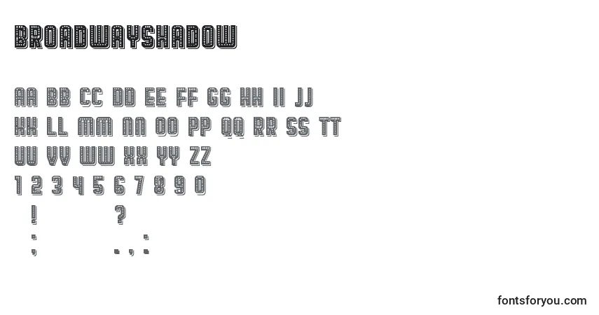 Czcionka BroadwayShadow – alfabet, cyfry, specjalne znaki