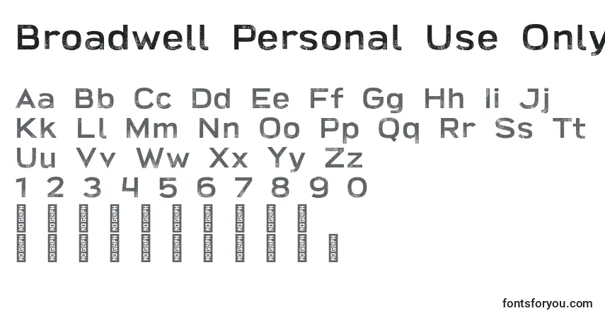 Czcionka Broadwell Personal Use Only Distressed – alfabet, cyfry, specjalne znaki