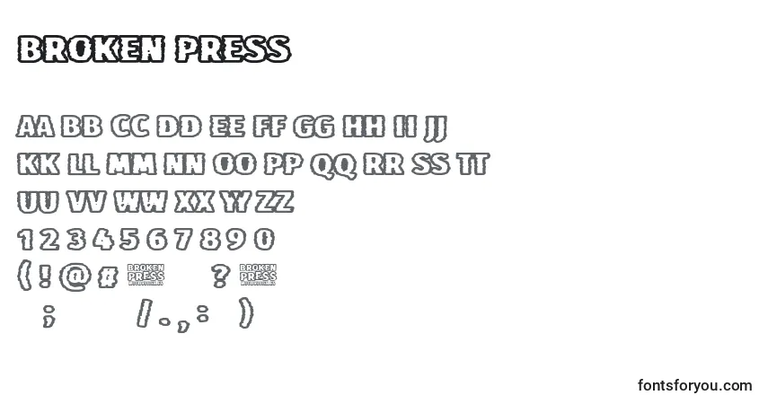 Fuente Broken Press - alfabeto, números, caracteres especiales