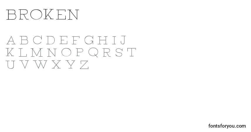Czcionka BROKEN thin demo – alfabet, cyfry, specjalne znaki