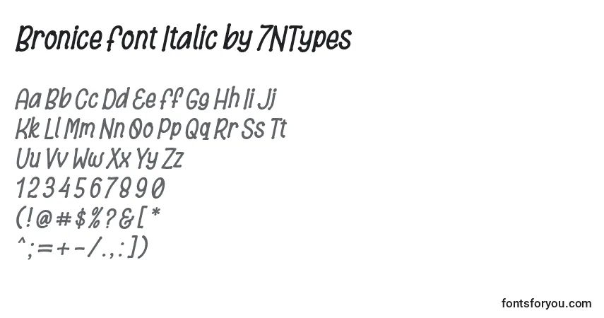 A fonte Bronice Font Italic by 7NTypes – alfabeto, números, caracteres especiais