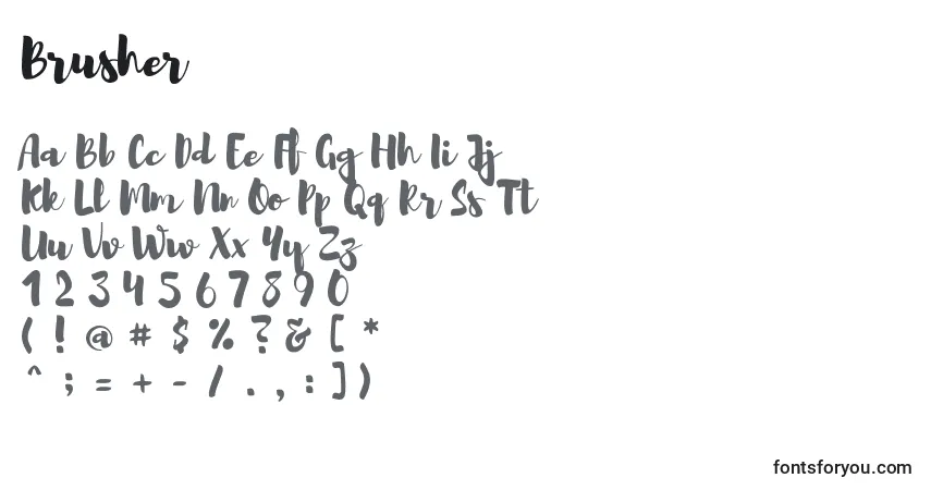 Schriftart Brusher – Alphabet, Zahlen, spezielle Symbole
