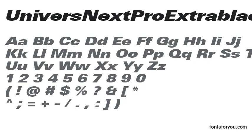 UniversNextProExtrablackExtendedItalic-fontti – aakkoset, numerot, erikoismerkit