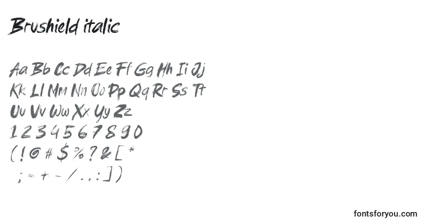 Schriftart Brushield italic – Alphabet, Zahlen, spezielle Symbole