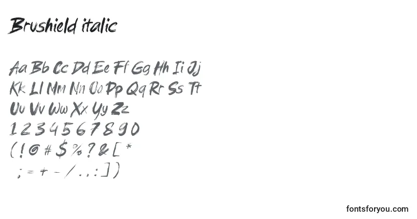 Schriftart Brushield italic (122301) – Alphabet, Zahlen, spezielle Symbole