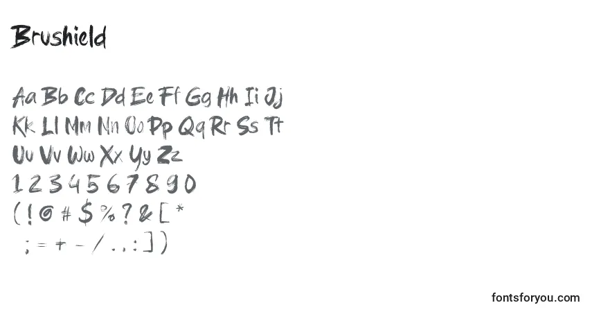 A fonte Brushield (122303) – alfabeto, números, caracteres especiais