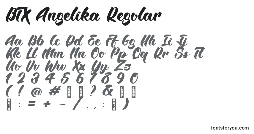 Schriftart BTX Angelika Regular – Alphabet, Zahlen, spezielle Symbole