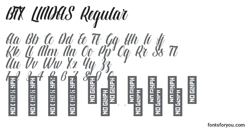 Czcionka BTX LINDAS Regular – alfabet, cyfry, specjalne znaki
