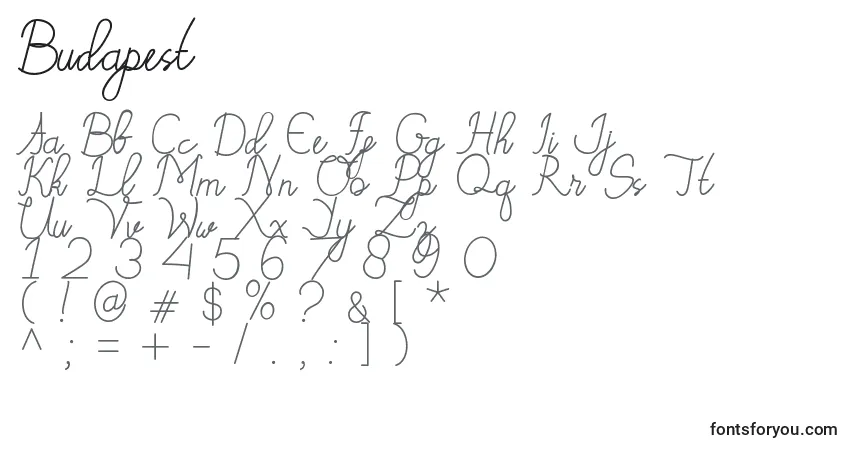 Schriftart Budapest (122369) – Alphabet, Zahlen, spezielle Symbole