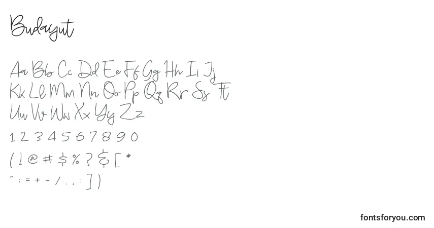 Schriftart Budayut – Alphabet, Zahlen, spezielle Symbole