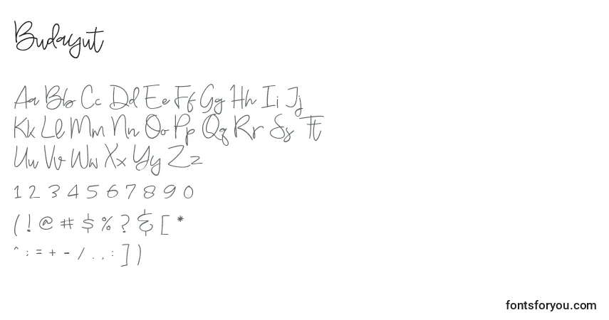 Budayut (122372)-fontti – aakkoset, numerot, erikoismerkit