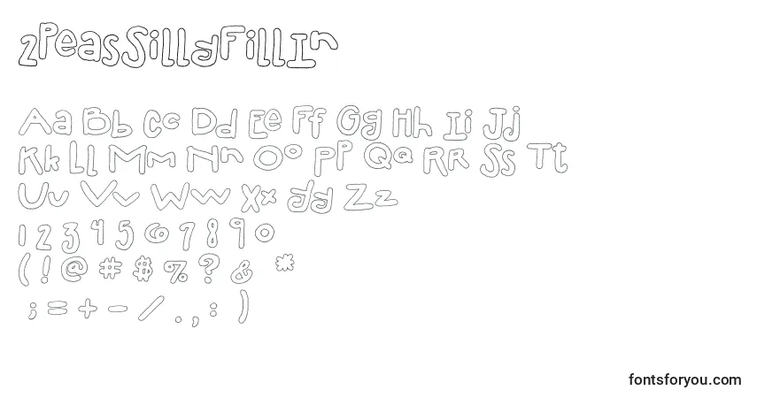 Schriftart 2peasSillyFillIn – Alphabet, Zahlen, spezielle Symbole