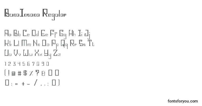Czcionka BunaInsana Regular – alfabet, cyfry, specjalne znaki