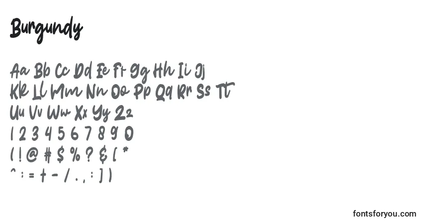Czcionka Burgundy – alfabet, cyfry, specjalne znaki
