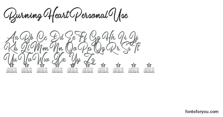 Schriftart Burning Heart Personal Use – Alphabet, Zahlen, spezielle Symbole