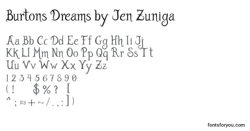 Czcionka Burtons Dreams by Jen Zuniga – alfabet, cyfry, specjalne znaki
