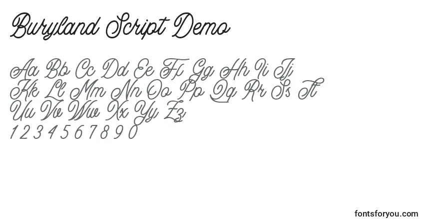 A fonte Buryland Script Demo – alfabeto, números, caracteres especiais