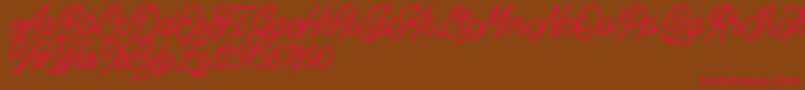 フォントBuryland Script Demo – 赤い文字が茶色の背景にあります。